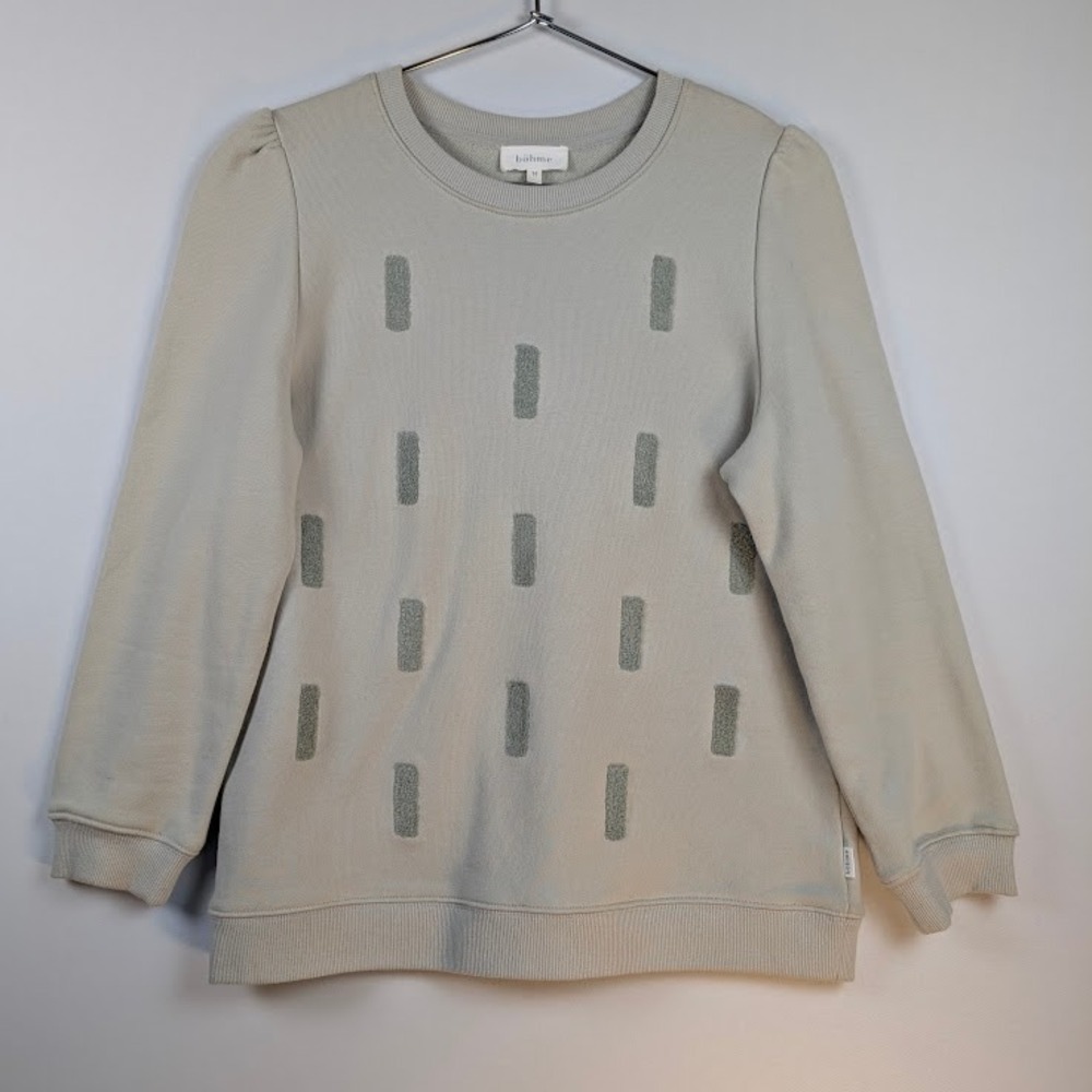 Bohme Pullover Sweatshirt MED Sage Green Abstract Puff Sleeve Neutral Cozy EUC